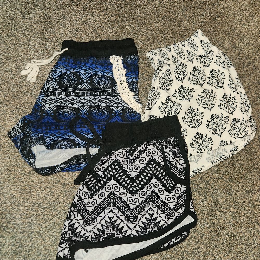 Set of Three Patterned Shorts - Blue, Black, White